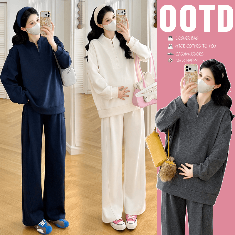 실사 가을 새로운 임산부 캐주얼 바람 오래된 돈 패션 세트 맨위 후드티 루즈핏 복부 지지 와이드 레그 팬츠 세트 이미지 2