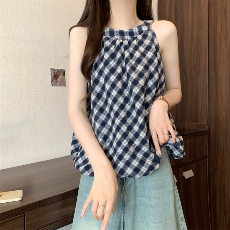 실사 정가 새로운 체크무늬 퍼프 행침 목 라운드 넥 조끼 셔츠 상세 이미지 7