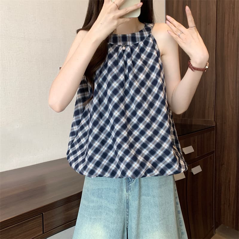 실사 정가 새로운 체크무늬 퍼프 행침 목 라운드 넥 조끼 셔츠 상세 이미지 8