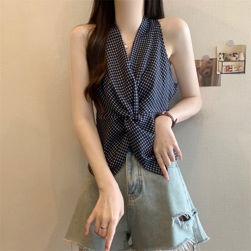 실사 정가 새로운 항구 바람 체크무늬 주름 비틀림 행침 목 조끼 상세 이미지 11