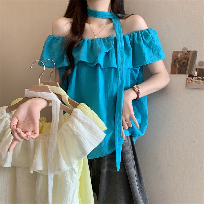 실사 정가 새로운 프릴 오프숄더 부드러운 달콤함 작은 셔츠