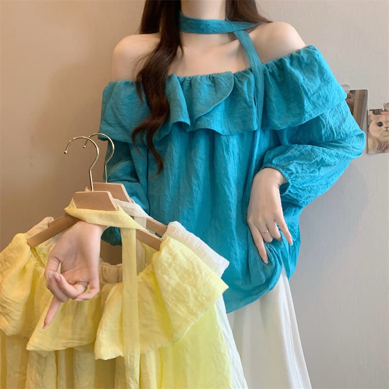 실사 정가 새로운 부드러운 바람 프릴 보트넥 긴팔 셔츠 상세 이미지 1