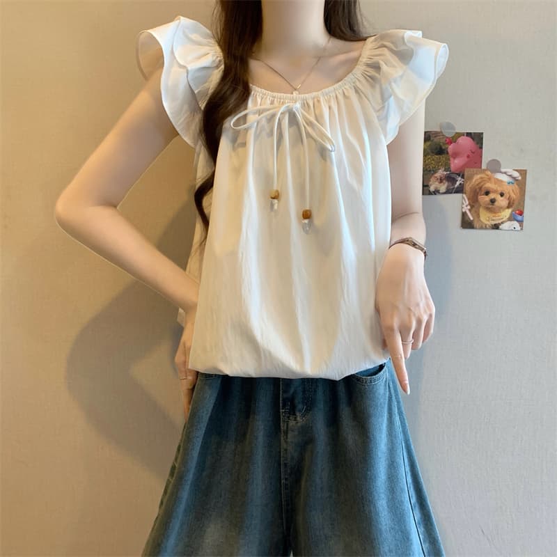 실사 정가 새로운 프랑스식 광장 칼라 레이스업 거품 소매 셔츠 상세 이미지 2