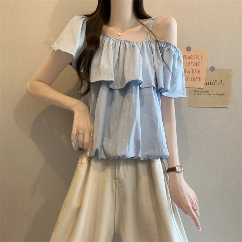 실사 정가 새로운 부드러운 바람 달콤함 프릴 비스듬한 어깨 셔츠 상세 이미지 9