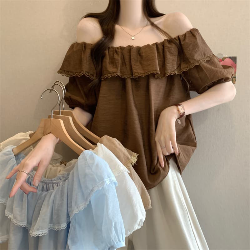 실사 정가 새로운 프랑스식 오프숄더 연꽃 잎 레이스 측면 셔츠