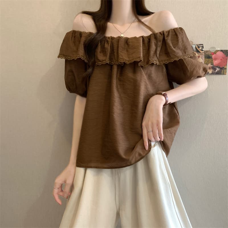 실사 정가 새로운 프랑스식 오프숄더 연꽃 잎 레이스 측면 셔츠 상세 이미지 2
