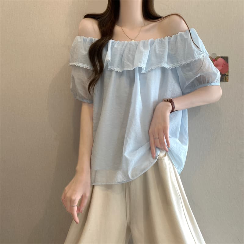 실사 정가 새로운 프랑스식 오프숄더 연꽃 잎 레이스 측면 셔츠 상세 이미지 13