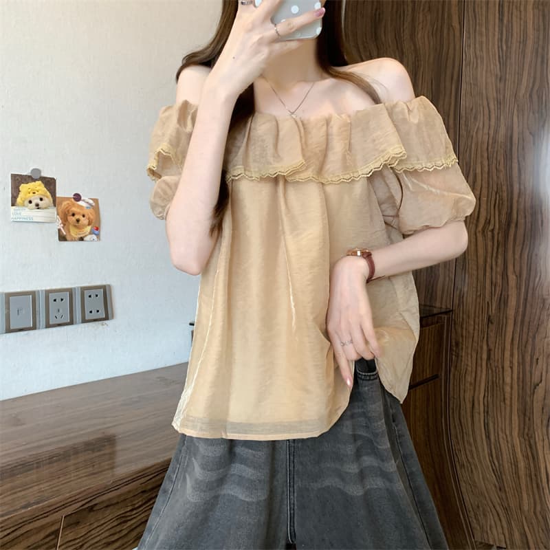 실사 정가 새로운 프랑스식 오프숄더 연꽃 잎 레이스 측면 셔츠 상세 이미지 17