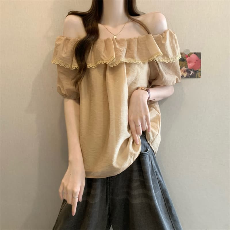 실사 정가 새로운 프랑스식 오프숄더 연꽃 잎 레이스 측면 셔츠 상세 이미지 18