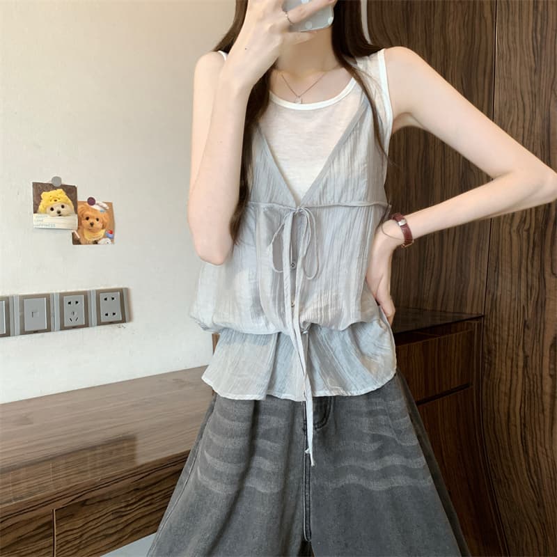 실사 정가 한 부서 페이크 레이어드 행침 목 레이스업 조끼 연령 감소 루즈핏 맨위 이미지 4