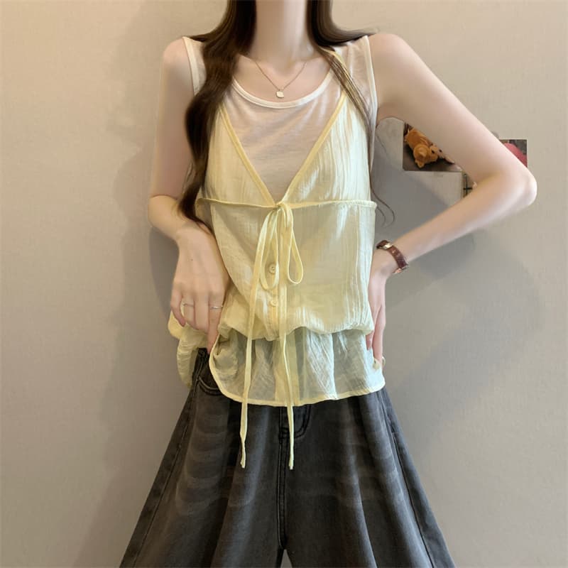 실사 정가 한 부서 페이크 레이어드 행침 목 레이스업 조끼 연령 감소 루즈핏 맨위 상세 이미지 2