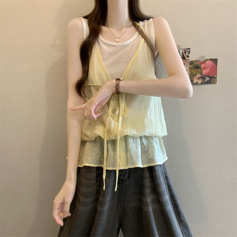 실사 정가 한 부서 페이크 레이어드 행침 목 레이스업 조끼 연령 감소 루즈핏 맨위 상세 이미지 4