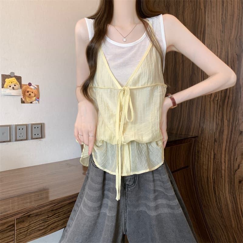 실사 정가 한 부서 페이크 레이어드 행침 목 레이스업 조끼 연령 감소 루즈핏 맨위 상세 이미지 5