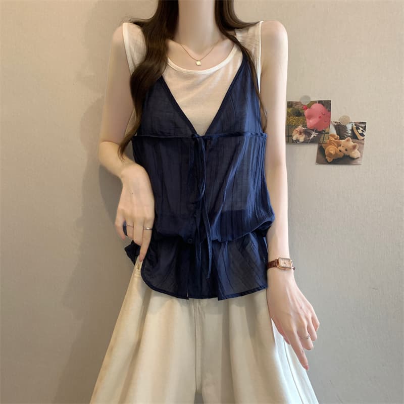 실사 정가 한 부서 페이크 레이어드 행침 목 레이스업 조끼 연령 감소 루즈핏 맨위 상세 이미지 16
