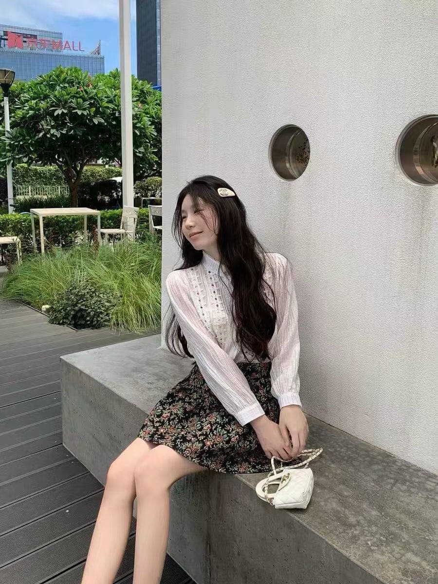 프랑스식 궁정 품격 거품 소매 셔츠 꽃무늬 반신 스커트 투피스 세트 이미지 3