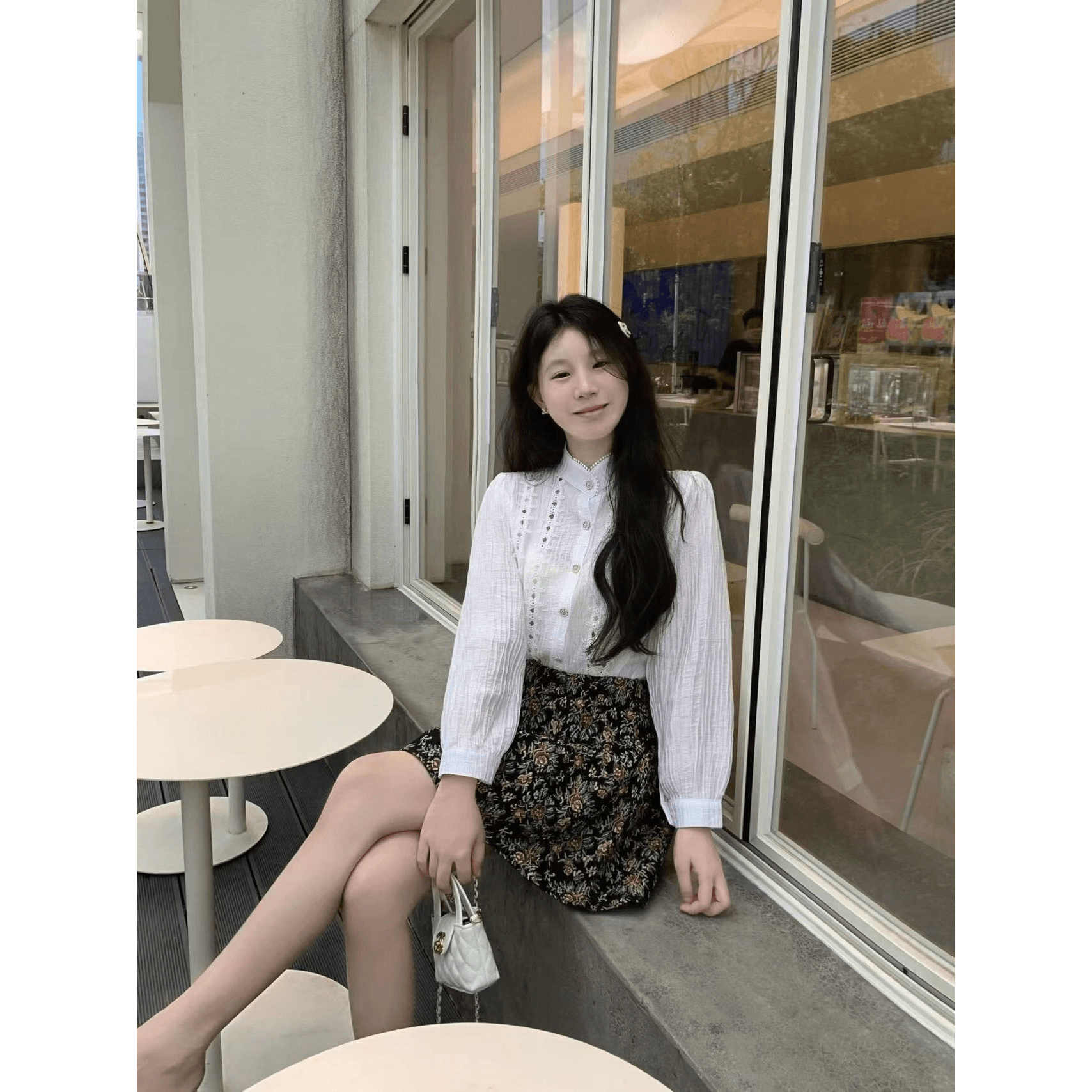 프랑스식 궁정 품격 거품 소매 셔츠 꽃무늬 반신 스커트 투피스 세트 이미지 5