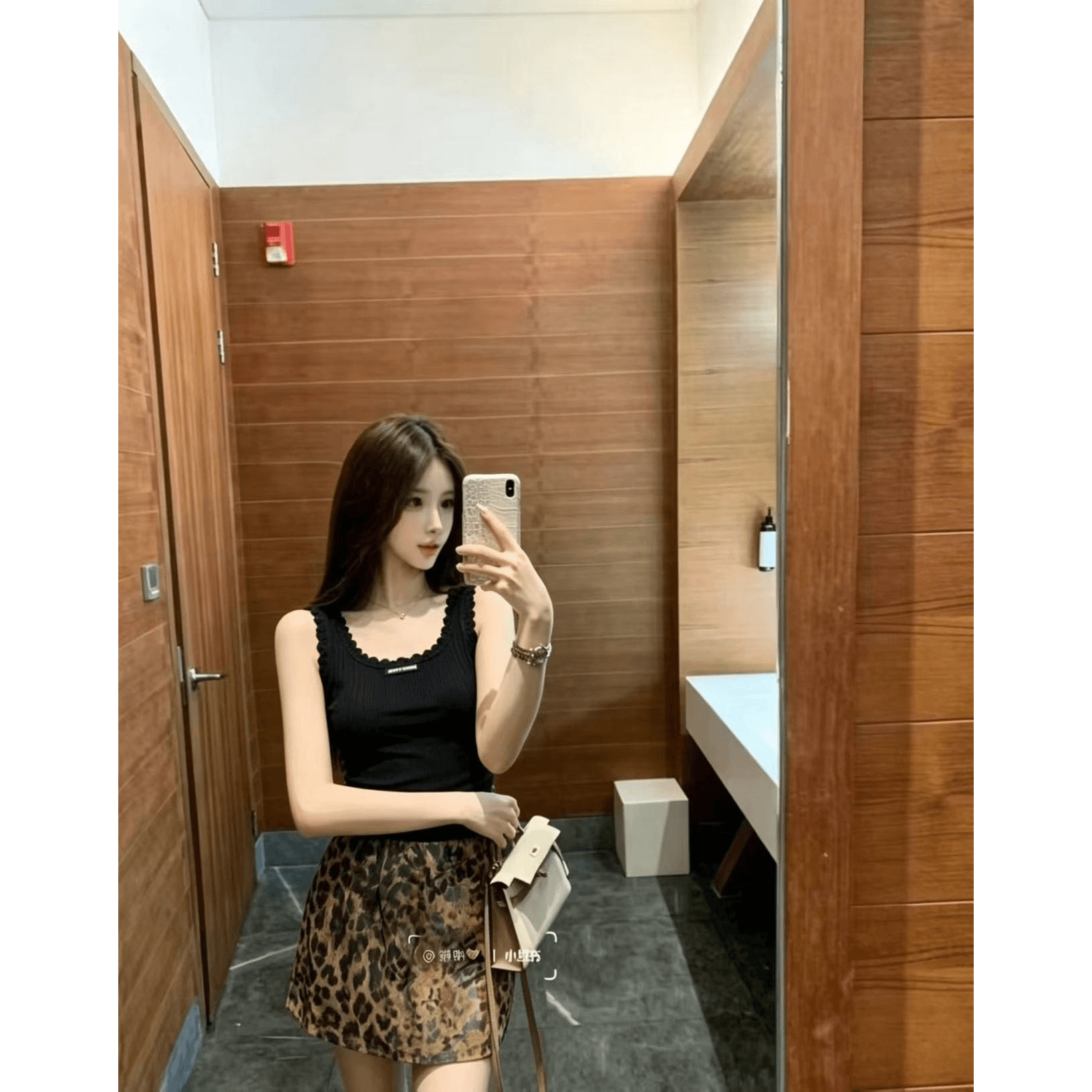 검정색 레이스 조끼 레오파드 무늬 반 스커트 투피스 세트 이미지 5