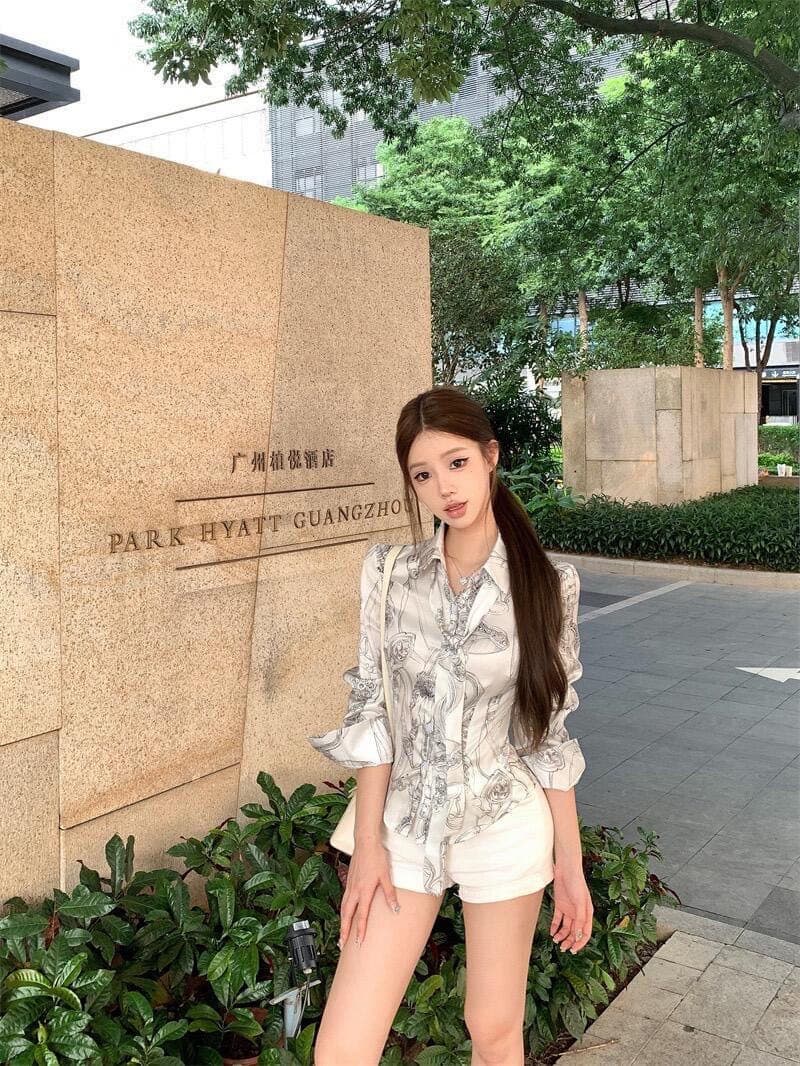 얇은 스타일 빛 럭셔리 고급 센스 셔츠 2026 년 새로운 폭발 연령 감소 외국 가스 여름 긴팔 반바지 투피스 세트 이미지 3