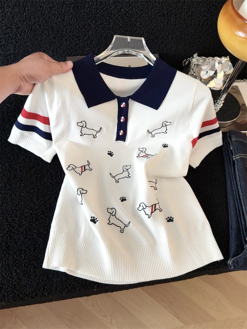학원 스타일 얼음 실크 이상 강아지 자수 니트 스웨터 여성 몸매 가꾸기 다용도 POLO 칼라 반팔 맨위 상세 이미지 12