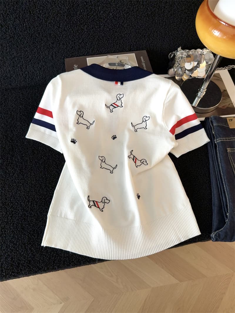 학원 스타일 얼음 실크 이상 강아지 자수 니트 스웨터 여성 몸매 가꾸기 다용도 POLO 칼라 반팔 맨위 상세 이미지 13