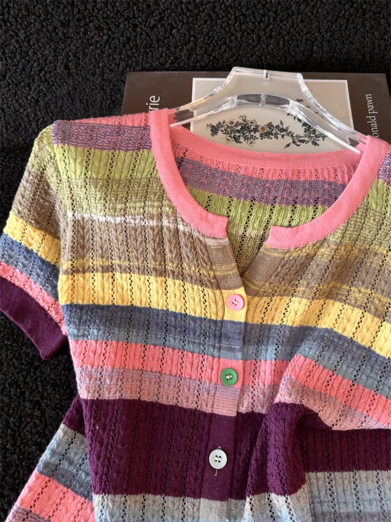 여름 여성 의류 새로운 패션 V넥 무지개 스트라이프 반팔 니트 오픈 가디건 여성 코트 외국 가스 얇은 스타일 맨위 트렌디 상세 이미지 10