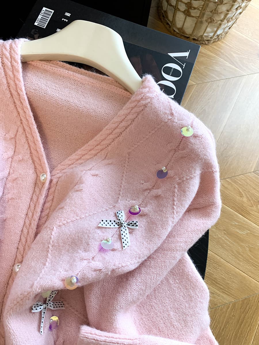 한 부서 스팽글 나비 매듭 장식 니트 오픈 가디건 여성 달콤한 스타일 라운드 넥 스웨터 부드러운 재킷 맨위 상세 이미지 21