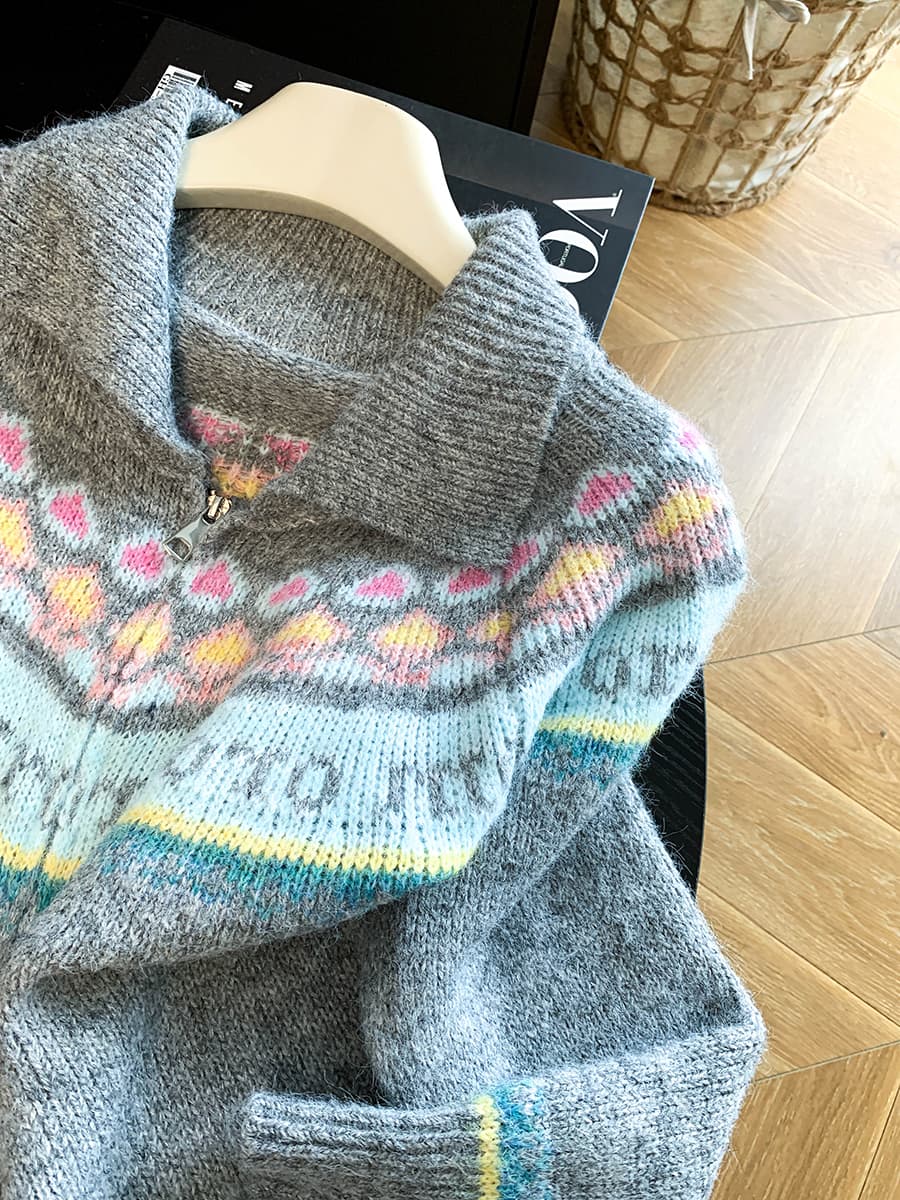 공정한 섬 자카드 부드러운 찹쌀 폴로 칼라 스웨터 여성 코트 가을 겨울 한 부서 달콤함 연령 감소 니트 오픈 가디건 맨위 상세 이미지 12