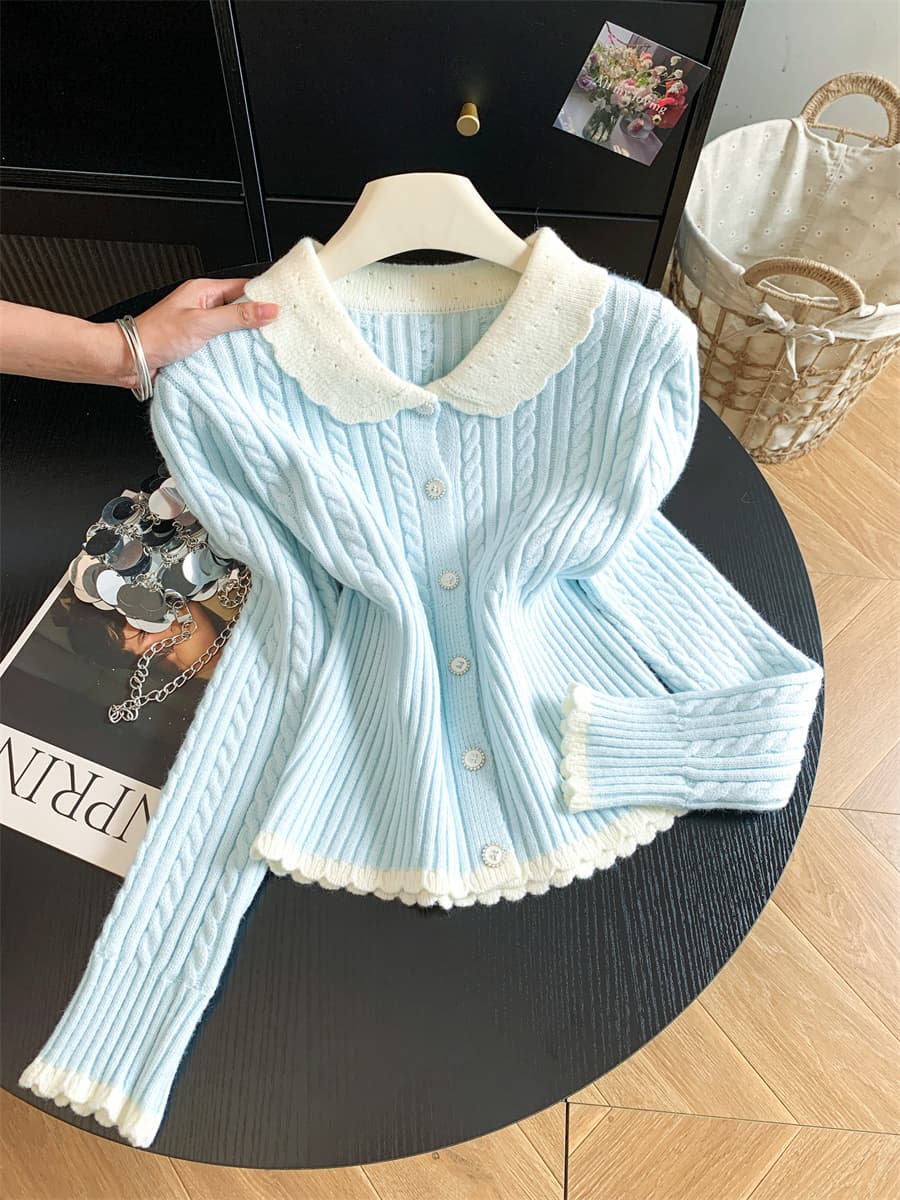 프랑스식 부드러운 달콤함 베이비 칼라 긴팔 니트 스웨터 여성 고급 센스 꽈배기 스웨터 몸매 가꾸기 슬림해 보이는 맨위 이미지 2