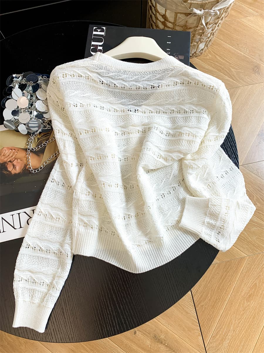 가을 새로운 외국 가스 홀로우 아웃 비즈 박기 화이트 쇼트 스타일 니트 스웨터 작은 열림 셔츠 재킷 맨위 V넥 여성 상세 이미지 1