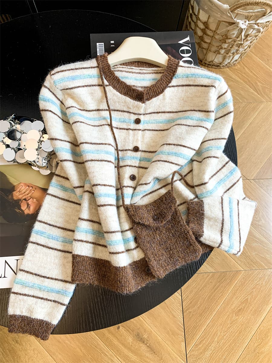 배색 라운드 넥 싱글 줄 버튼 스트라이프 니트 오픈 가디건 여성 2026 가을 새로운 경기 가방 디자인 긴팔 양모 맨위 상세 이미지 1