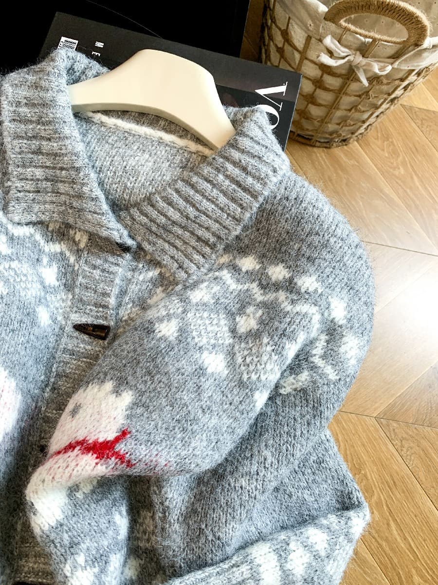 한국 동대문 가을 겨울 새로운 羊角 버클 강아지 폴로 칼라 공정한 섬 무늬 배색 니트 두꺼운 스웨터 재킷 상세 이미지 3