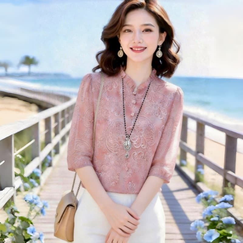 고급 폭발 실크 셔츠 여성 7부 소매 여름 새로운 프린트 작은 셔츠 품격 엄마 뽕나무 누에 실크 맨위 이미지 4