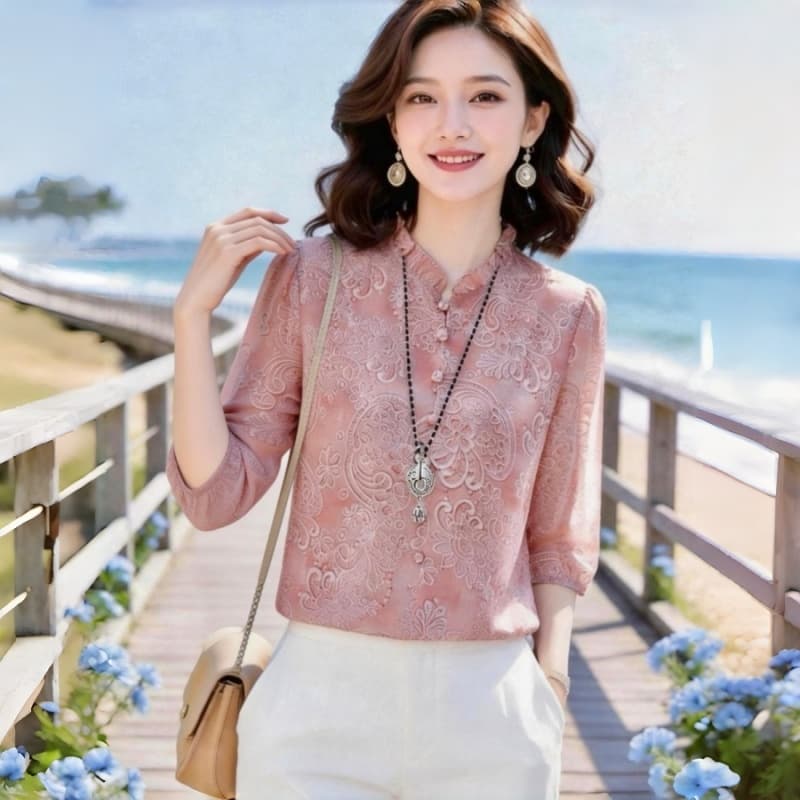고급 폭발 실크 셔츠 여성 7부 소매 여름 새로운 프린트 작은 셔츠 품격 엄마 뽕나무 누에 실크 맨위 이미지 3