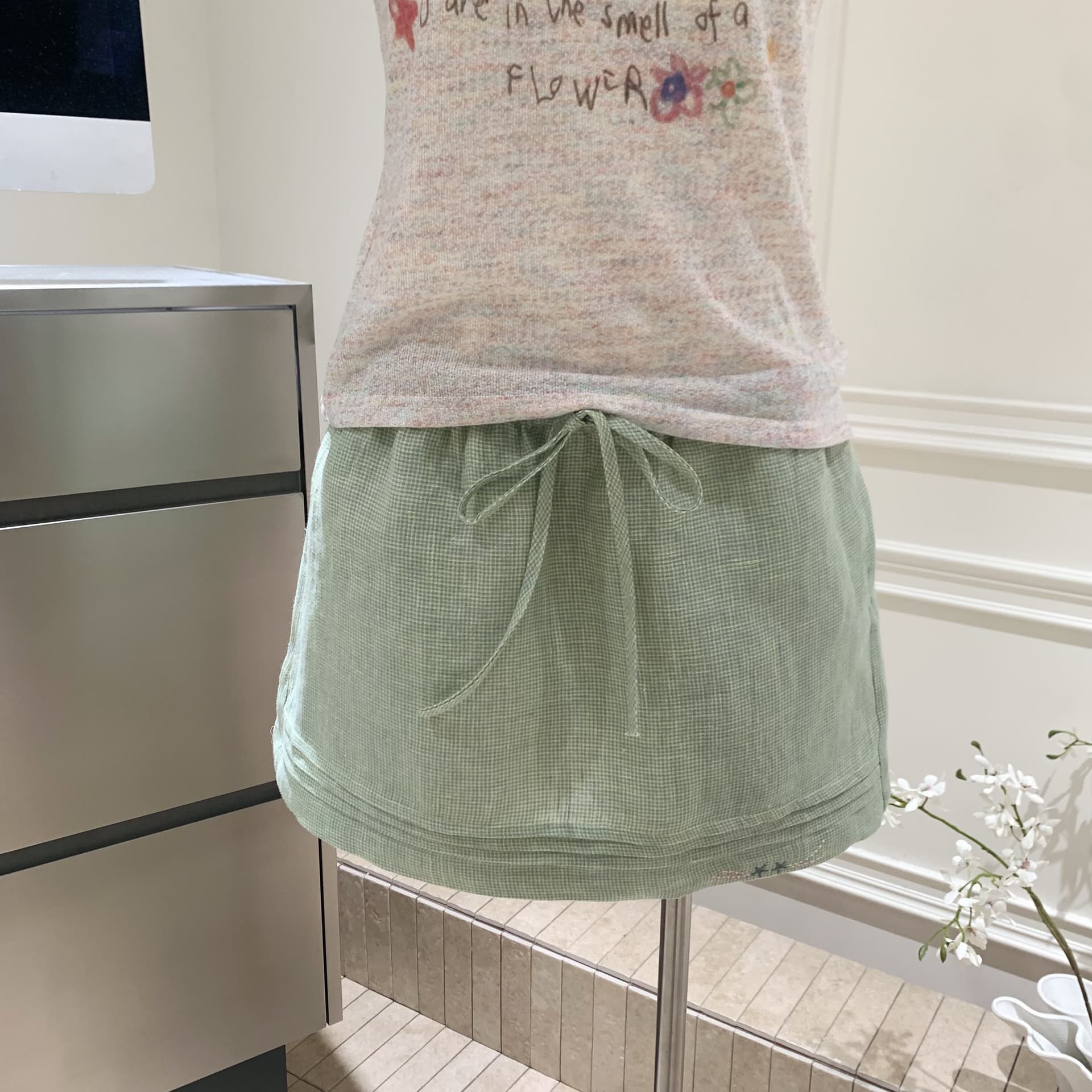 순수 린넨 컬러 짜임 녹색 체크무늬 반신 스커트 신선함 다용도 소녀 센스 자수 치마 이미지 3