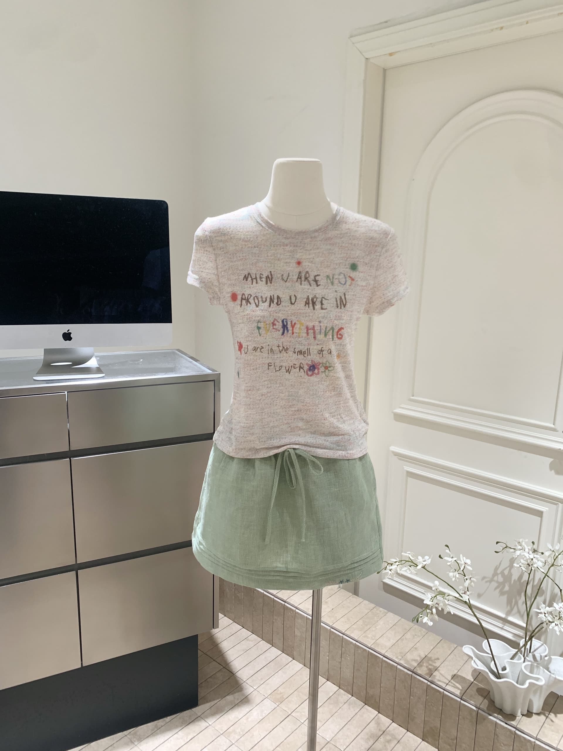 순수 린넨 컬러 짜임 녹색 체크무늬 반신 스커트 신선함 다용도 소녀 센스 자수 치마 상세 이미지 7