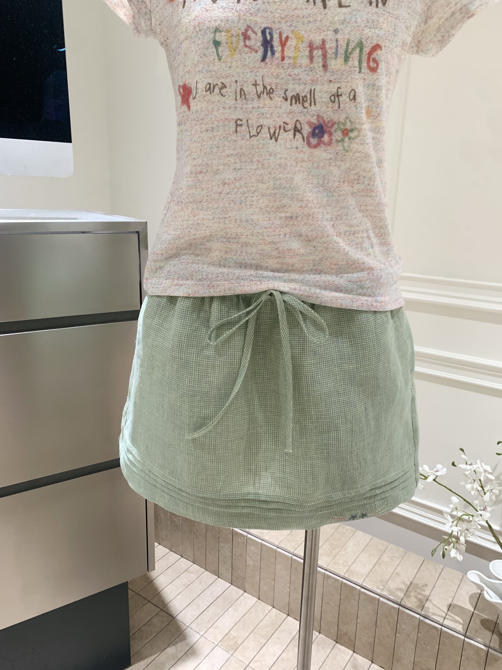 순수 린넨 컬러 짜임 녹색 체크무늬 반신 스커트 신선함 다용도 소녀 센스 자수 치마 상세 이미지 8