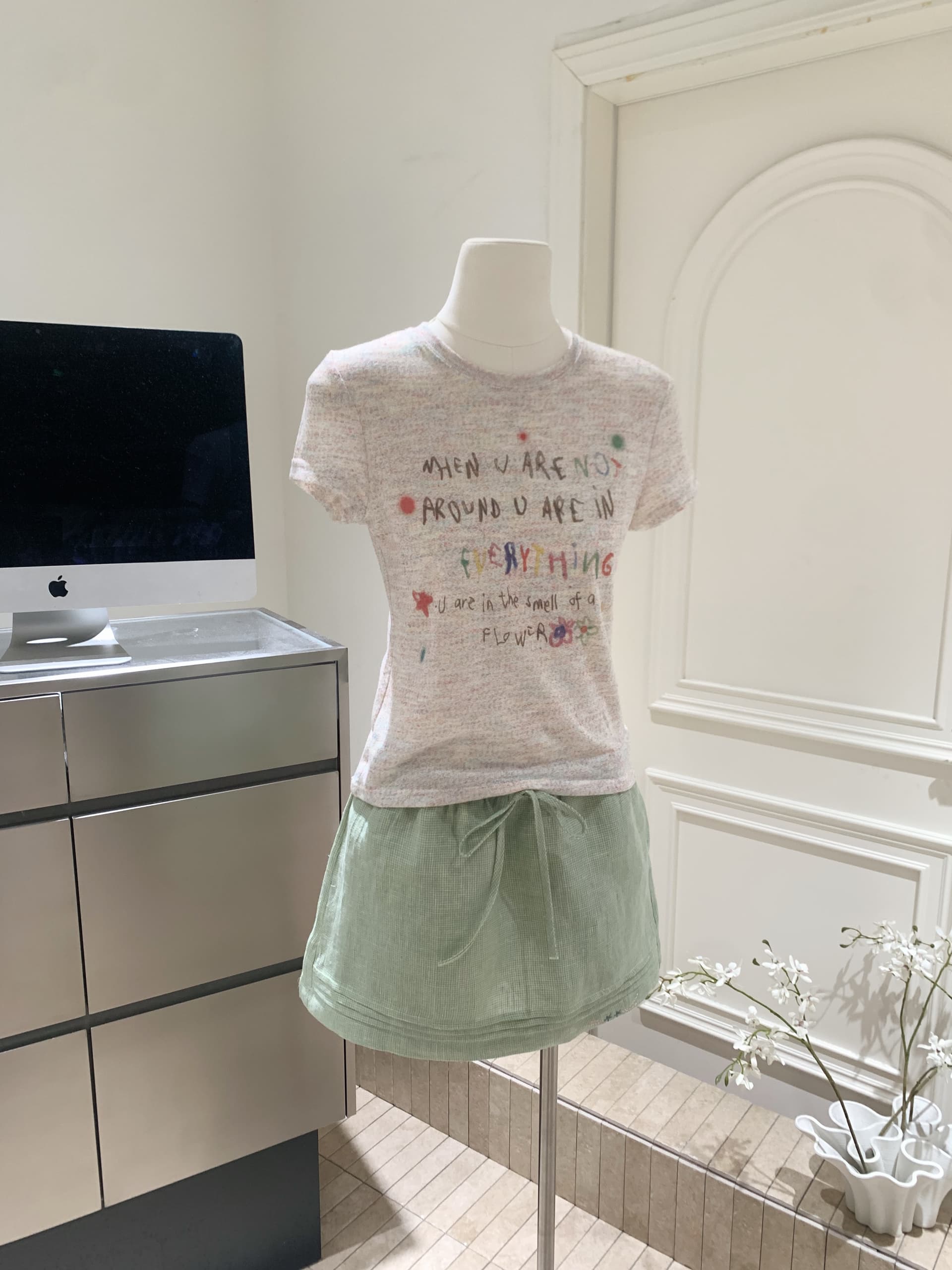 순수 린넨 컬러 짜임 녹색 체크무늬 반신 스커트 신선함 다용도 소녀 센스 자수 치마 상세 이미지 9