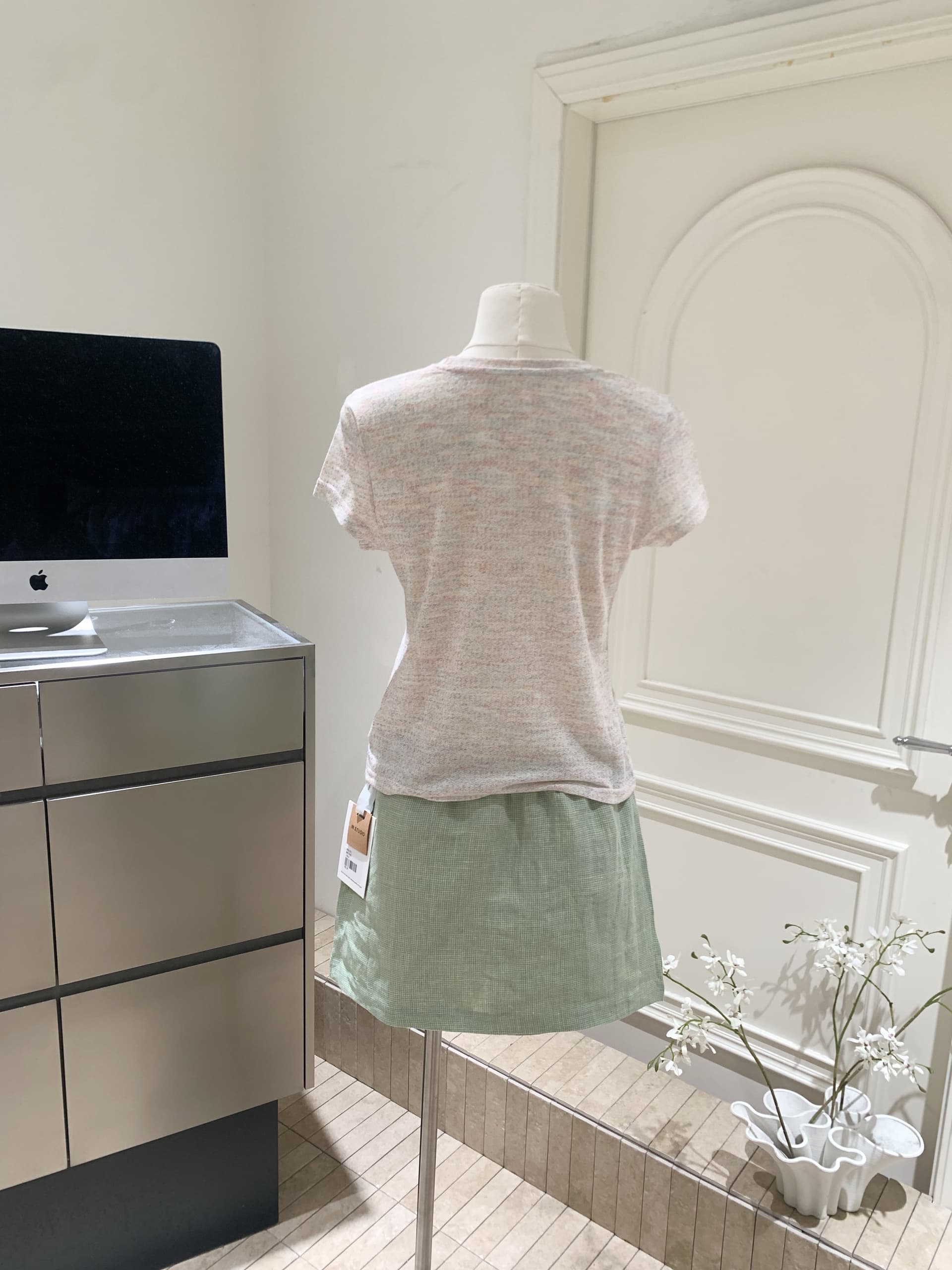 순수 린넨 컬러 짜임 녹색 체크무늬 반신 스커트 신선함 다용도 소녀 센스 자수 치마 상세 이미지 11