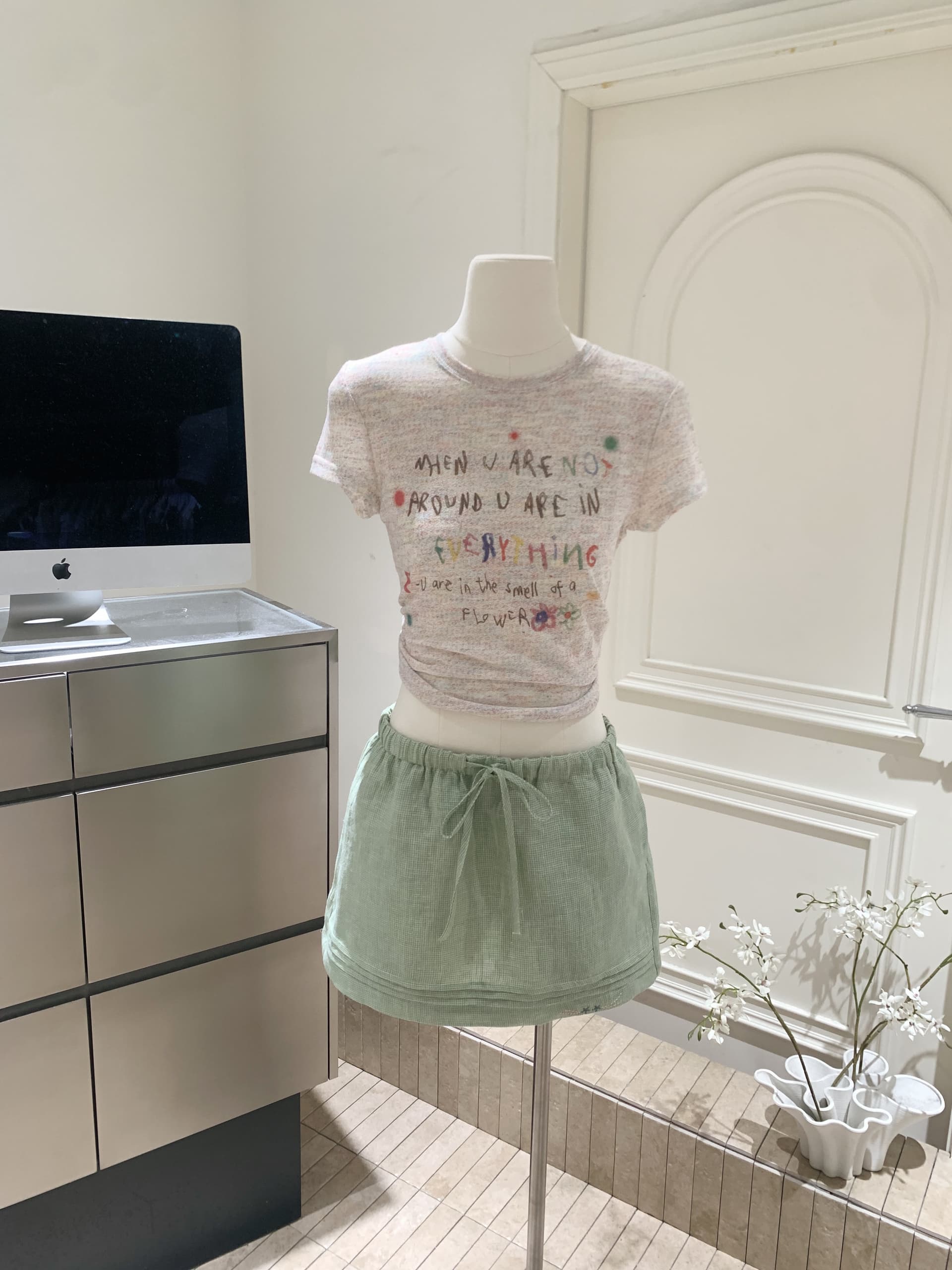 순수 린넨 컬러 짜임 녹색 체크무늬 반신 스커트 신선함 다용도 소녀 센스 자수 치마 상세 이미지 13