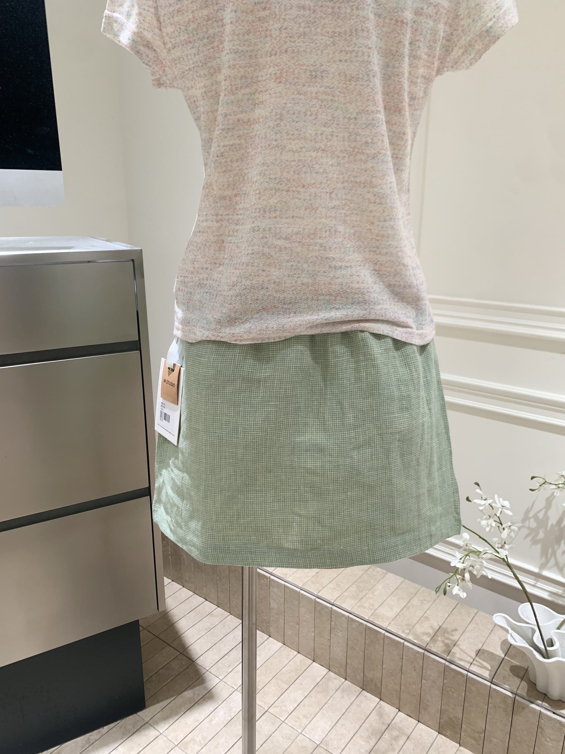 순수 린넨 컬러 짜임 녹색 체크무늬 반신 스커트 신선함 다용도 소녀 센스 자수 치마 상세 이미지 14