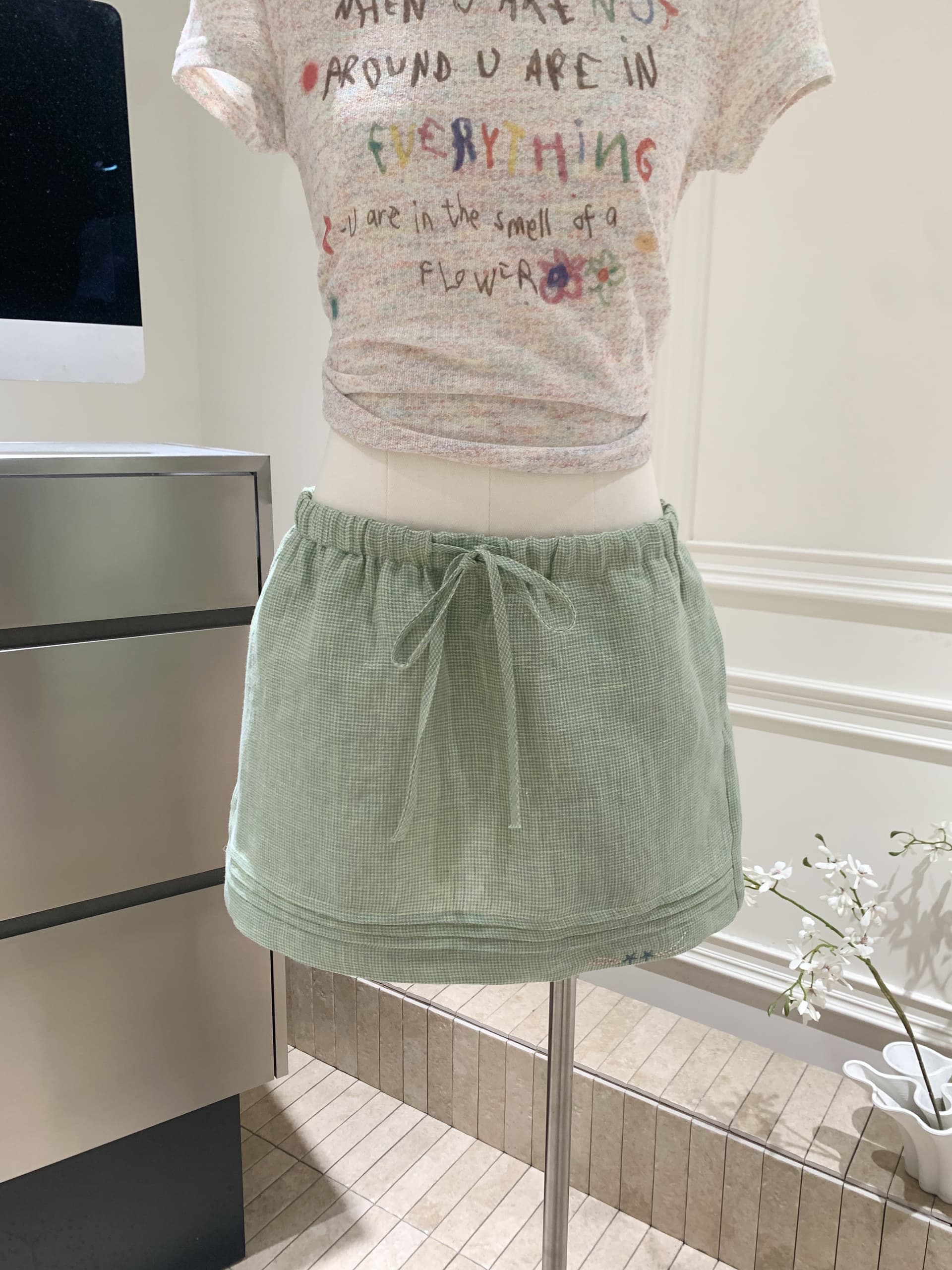 순수 린넨 컬러 짜임 녹색 체크무늬 반신 스커트 신선함 다용도 소녀 센스 자수 치마 상세 이미지 16