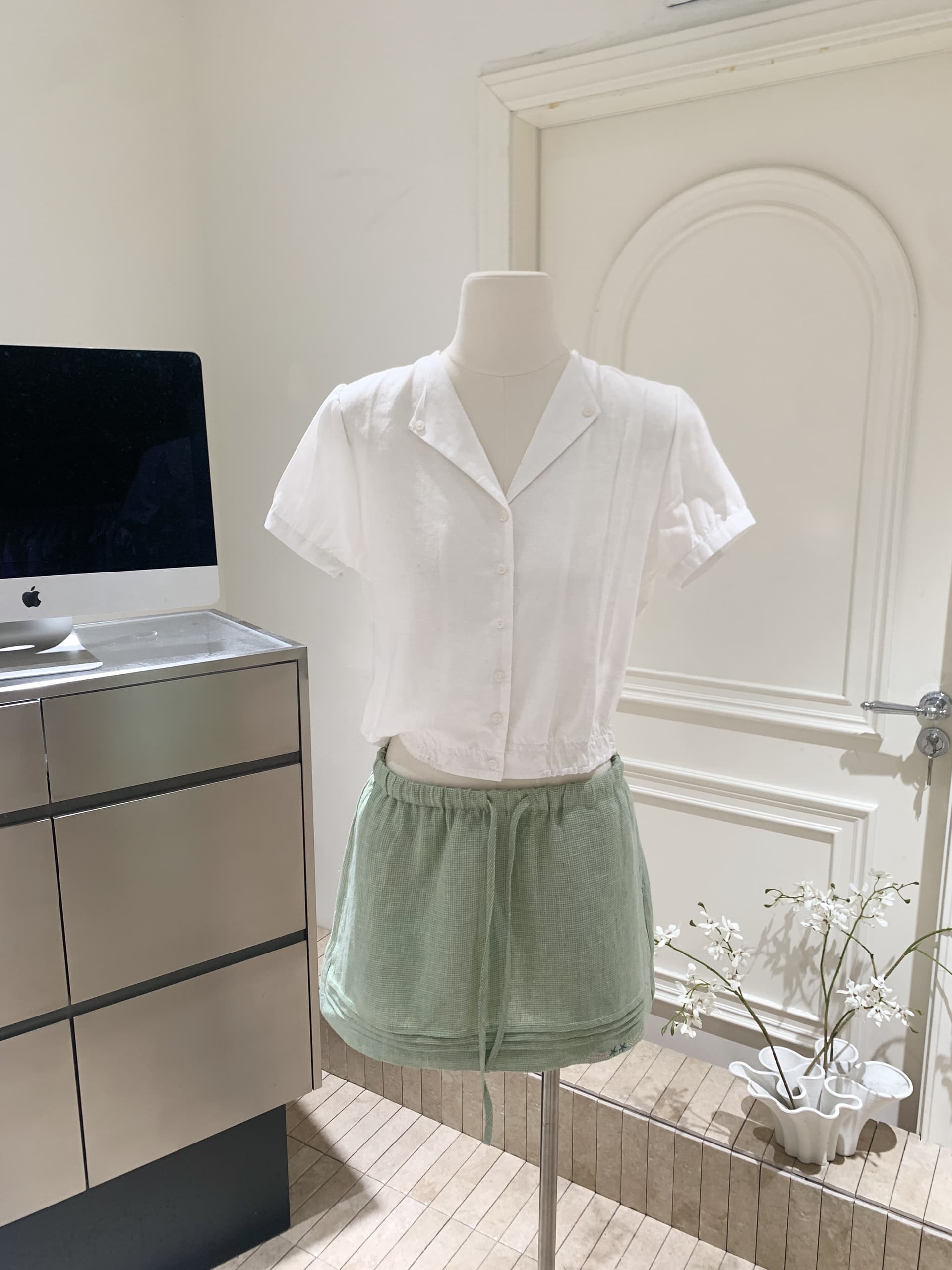 순수 린넨 컬러 짜임 녹색 체크무늬 반신 스커트 신선함 다용도 소녀 센스 자수 치마 상세 이미지 1