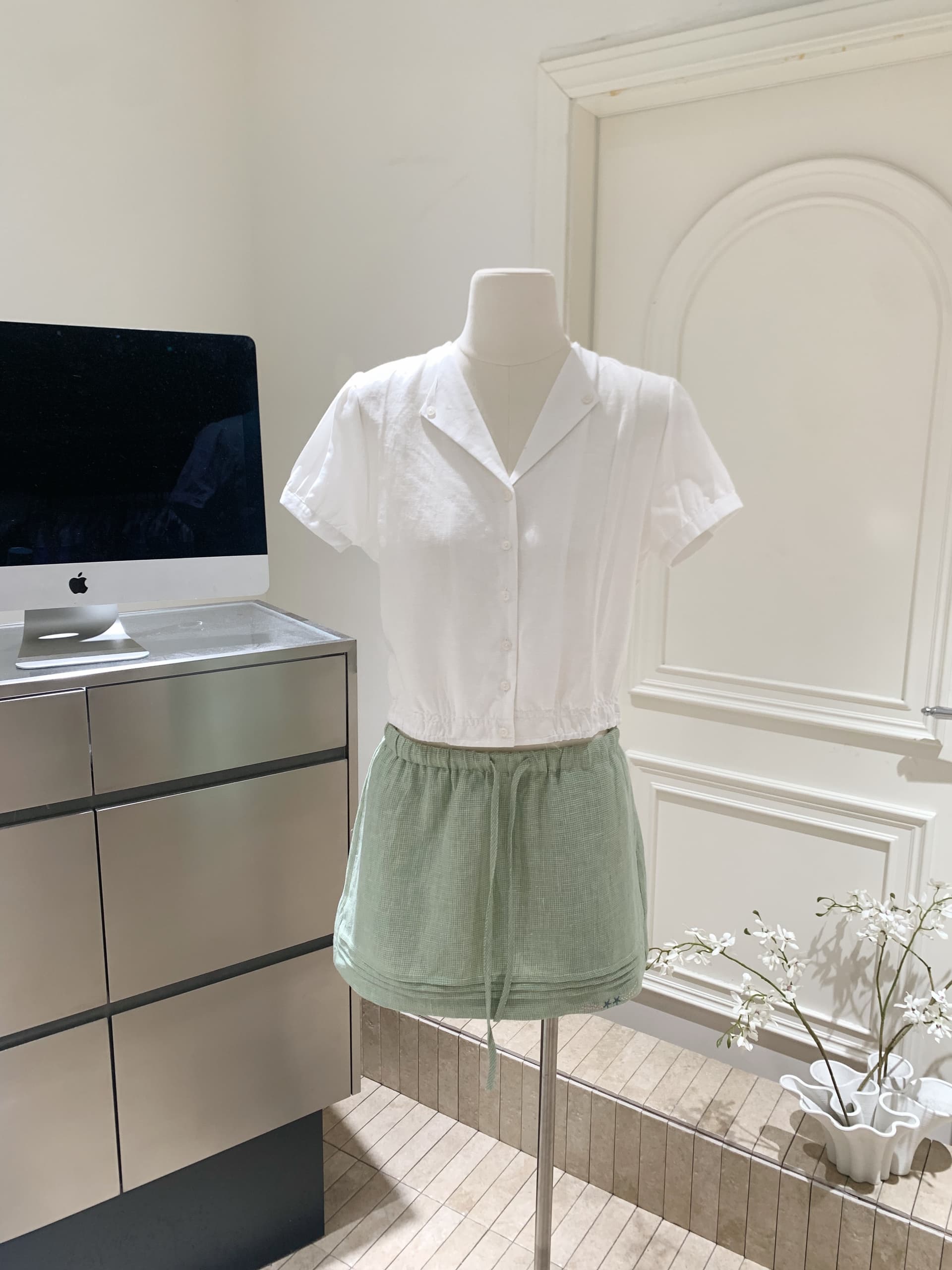 순수 린넨 컬러 짜임 녹색 체크무늬 반신 스커트 신선함 다용도 소녀 센스 자수 치마 상세 이미지 5