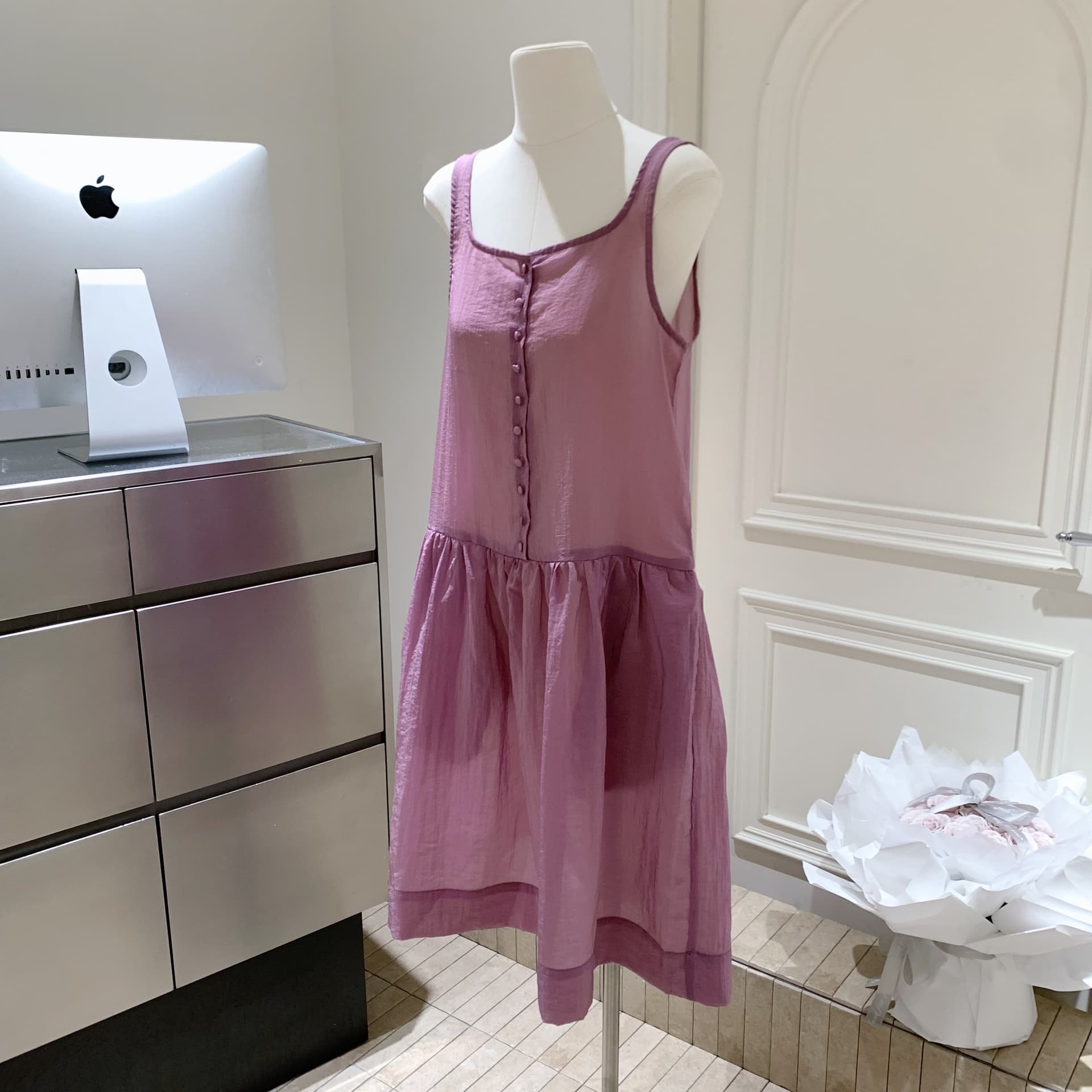 포도 나무 자매 같은 단락 한 부서 스택 착용 Tulle 광장 칼라 단추 슬립 여성 드레스 봄 여름 멜빵 길다 치마 이미지 2