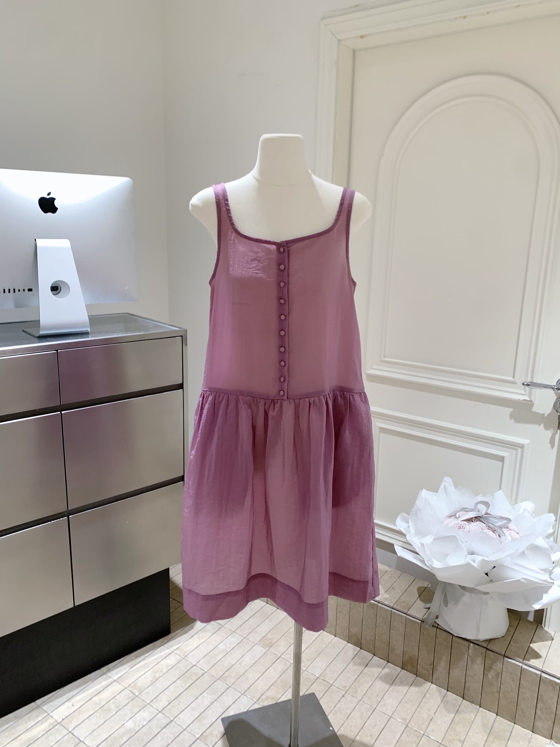포도 나무 자매 같은 단락 한 부서 스택 착용 Tulle 광장 칼라 단추 슬립 여성 드레스 봄 여름 멜빵 길다 치마 상세 이미지 2