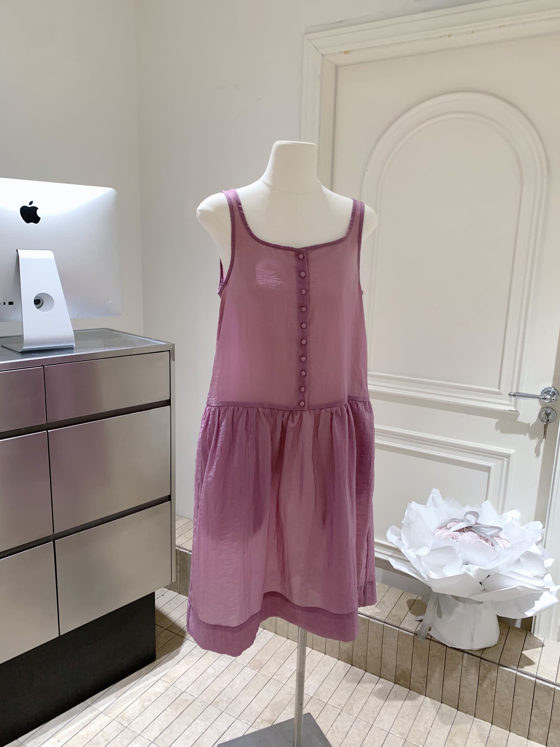 포도 나무 자매 같은 단락 한 부서 스택 착용 Tulle 광장 칼라 단추 슬립 여성 드레스 봄 여름 멜빵 길다 치마 상세 이미지 7
