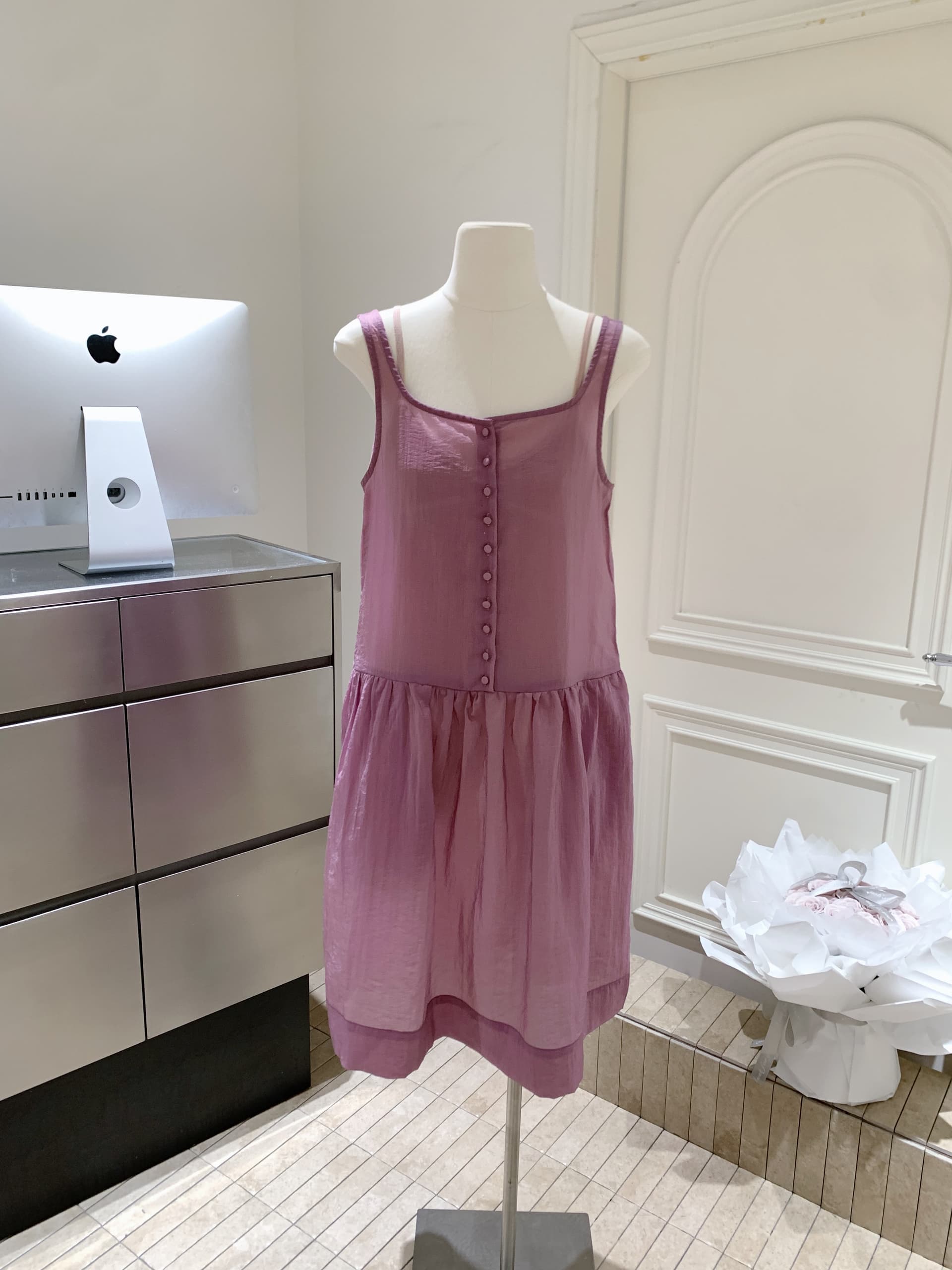 포도 나무 자매 같은 단락 한 부서 스택 착용 Tulle 광장 칼라 단추 슬립 여성 드레스 봄 여름 멜빵 길다 치마 상세 이미지 13