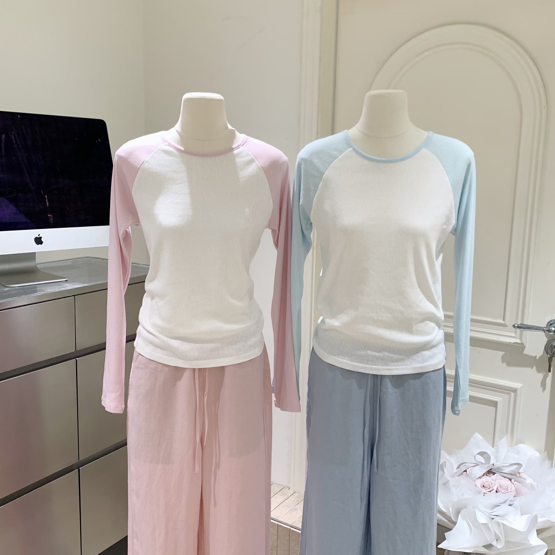 버섯 찹쌀 찹쌀 같은 단락 파란색 핑크색 삽입 어깨 소매 아마 긴팔 자외선 차단 티셔츠 맨위 이미지 2