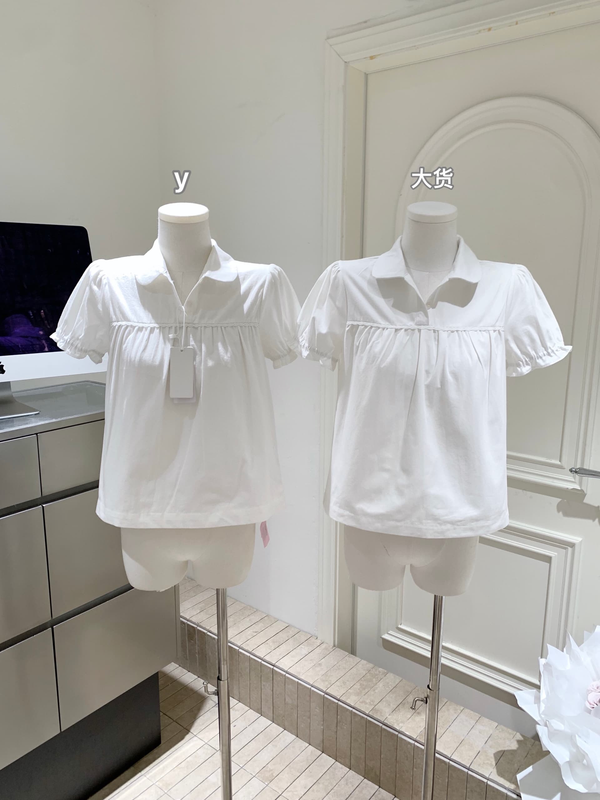버섯 찹쌀 찹쌀 같은 단락 화이트 베이비 칼라 반팔 면 100% 캐주얼 달콤함 셔츠 맨위 상세 이미지 2