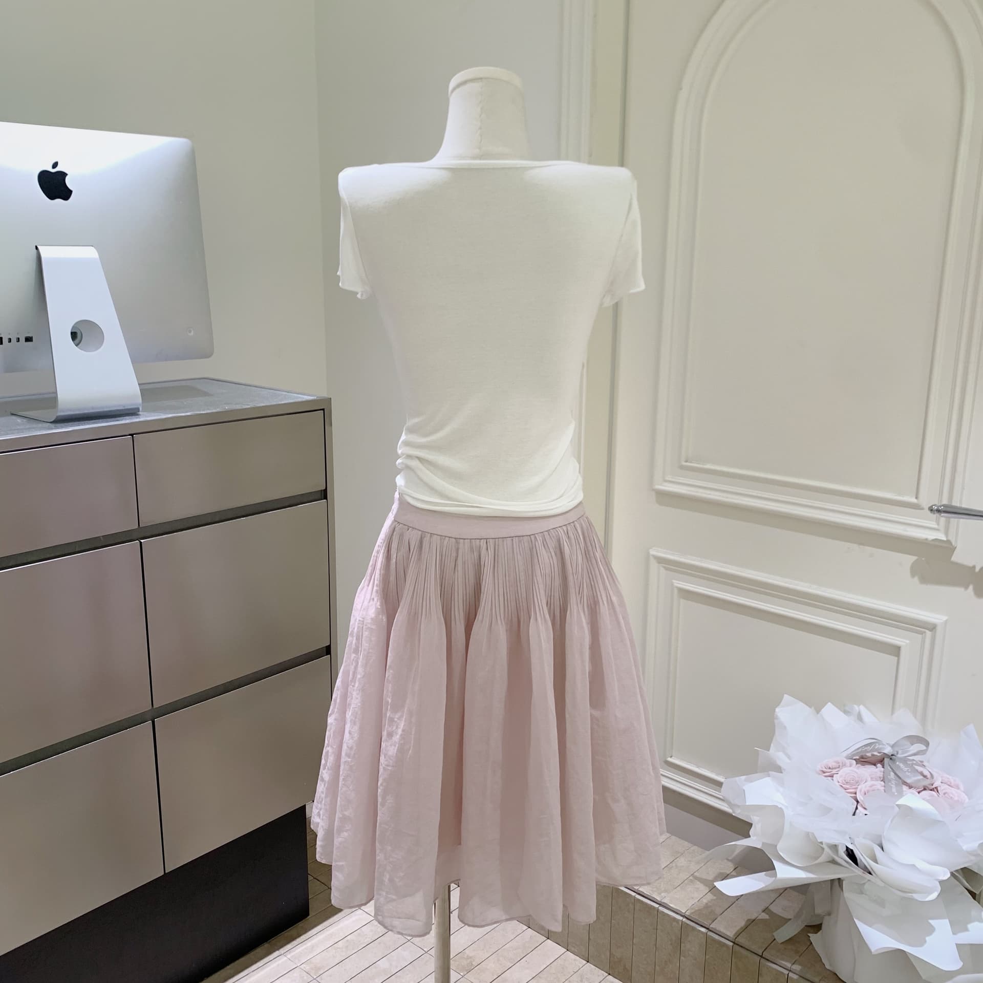 puki 클래식 무거운 작업 발레 퍼프 우산 치마 단어 Pleat Tulle 미니멀리즘 반신 스커트 이미지 3